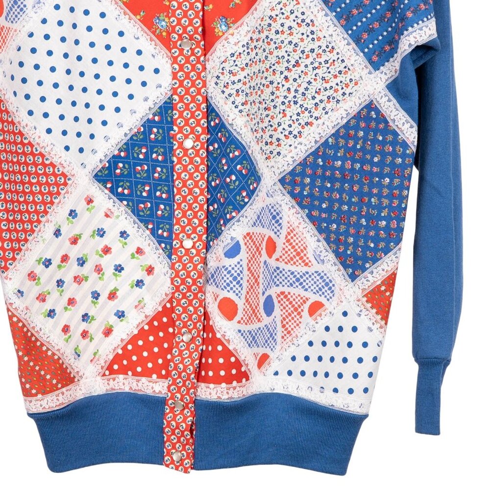 Patchwork Cardigan Sweatshirt M Blue Red Lace Floral 90s Mom Grammacore Dots - Picture 2 of 5